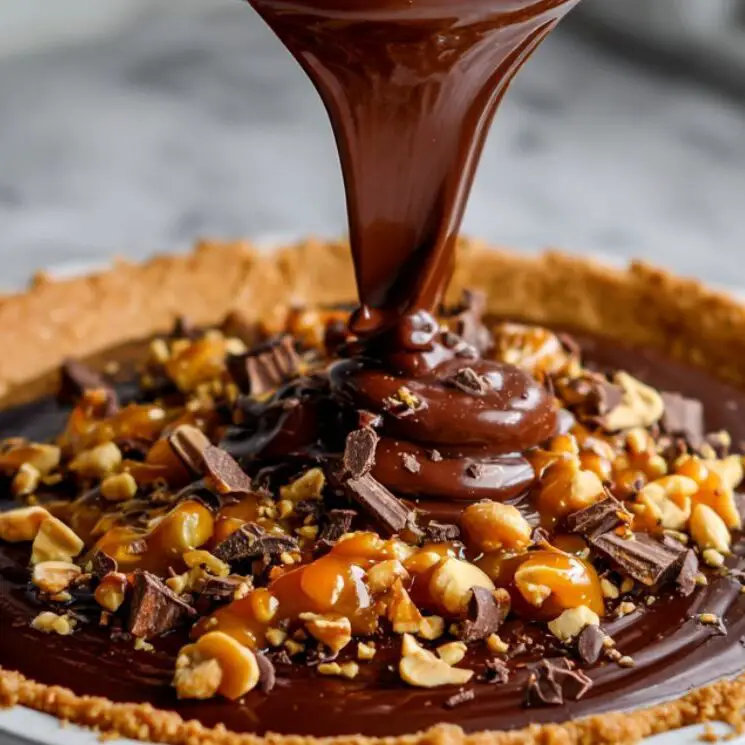 Finished Snickers pie topped with ganache, peanuts, and caramel