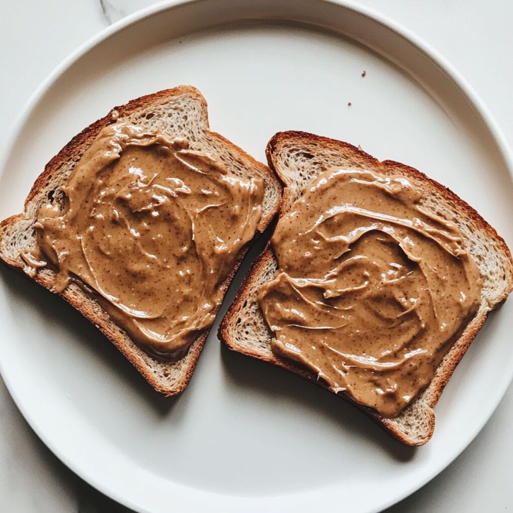 Toast slices with almond butter spread on top, sitting on a marble countertop.