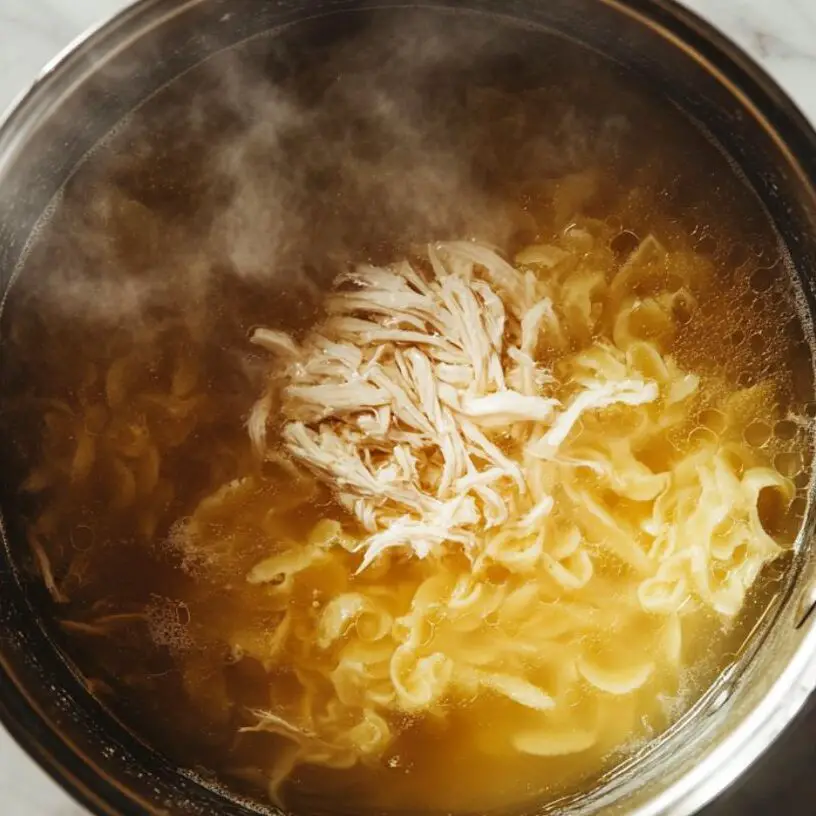 Pastina and shredded chicken cooking in broth
