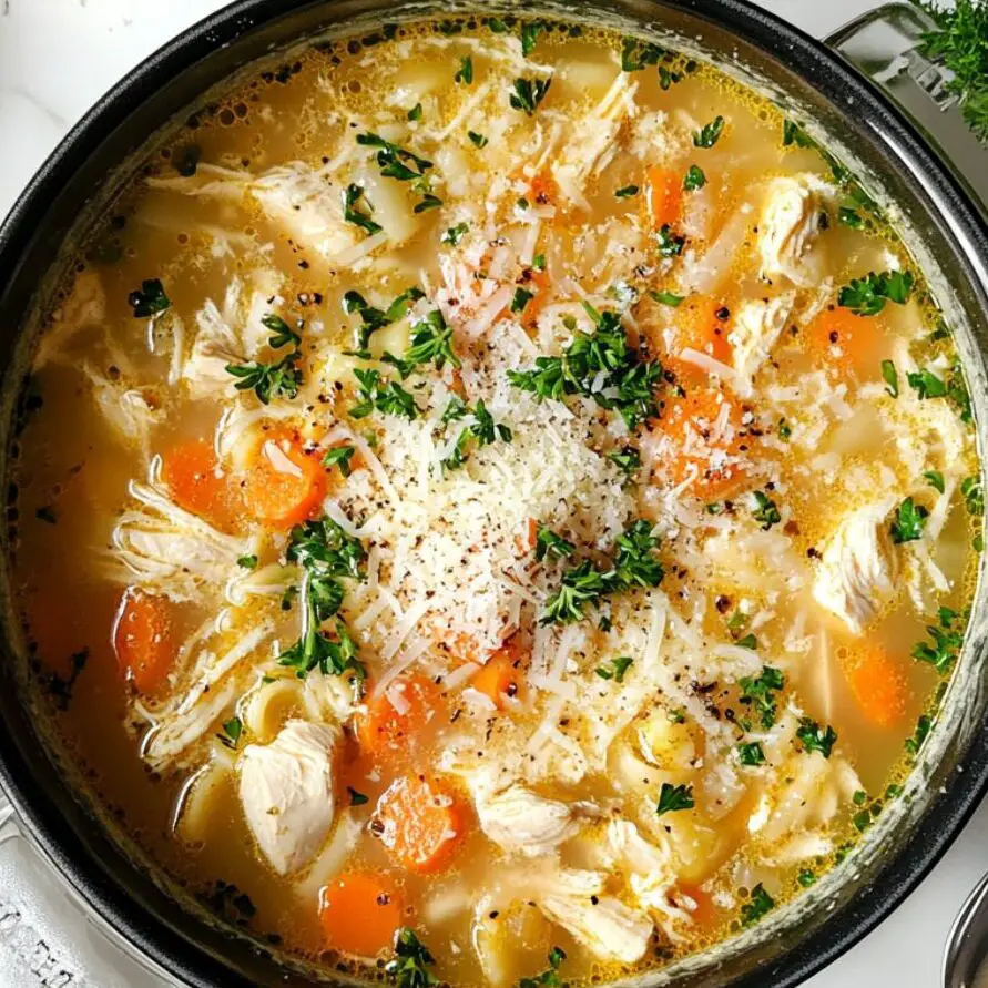 Finished chicken pastina soup with parsley and Parmesan