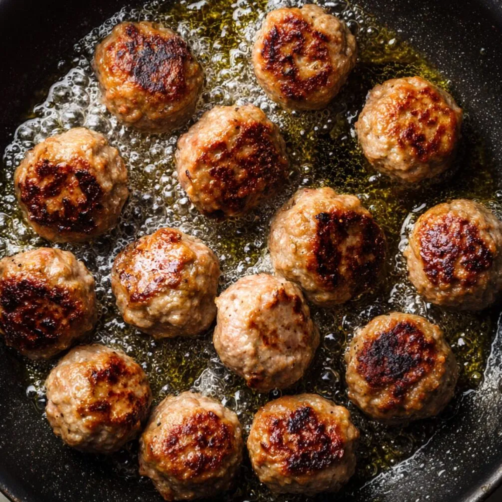 Browning meatballs in a skillet on white kitchen counter