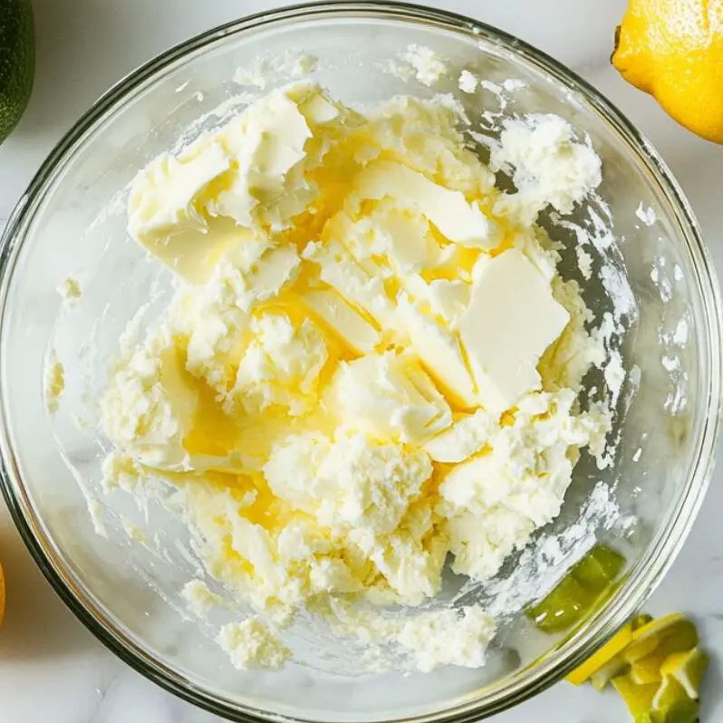 Butter, sugar, and eggs being mixed in a glass bowl on a white counter