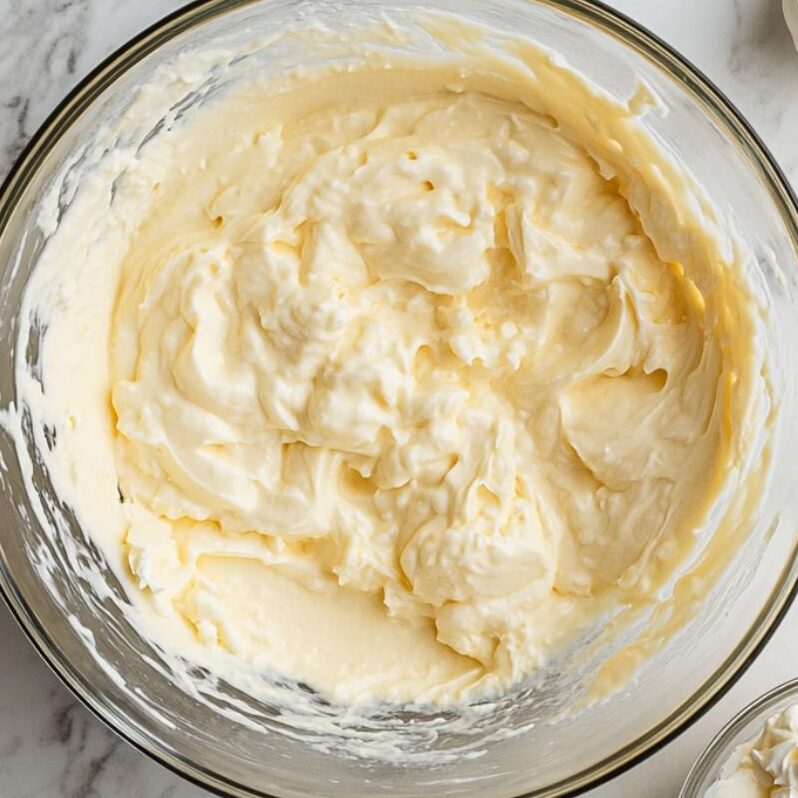 Creamy pudding base and whipped cream cheese ready for folding