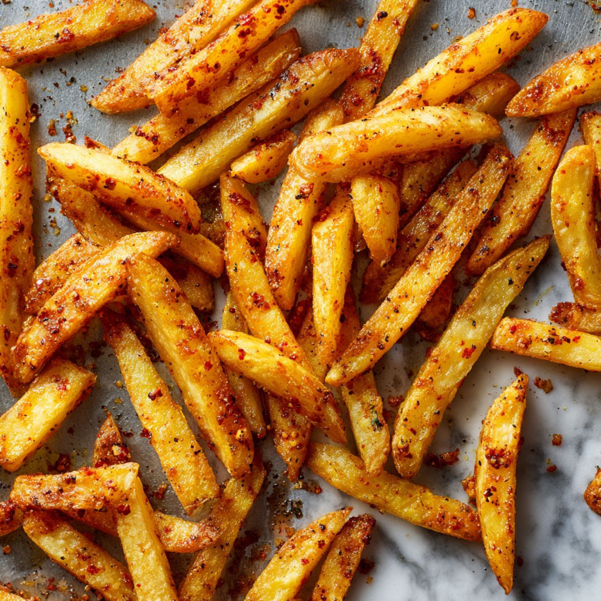 Seasoned raw fries spread on a baking sheet ready to bake	