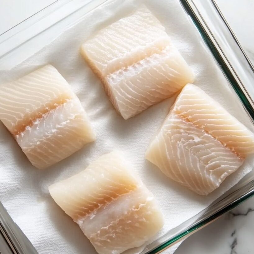 Cod fillets on a tray being dried with paper towels next to a lined baking dish.