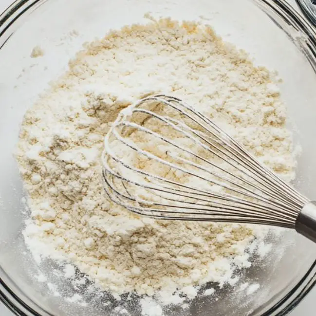 Flour, sugar, baking powder, and salt being whisked in a bowl next to floured blueberries