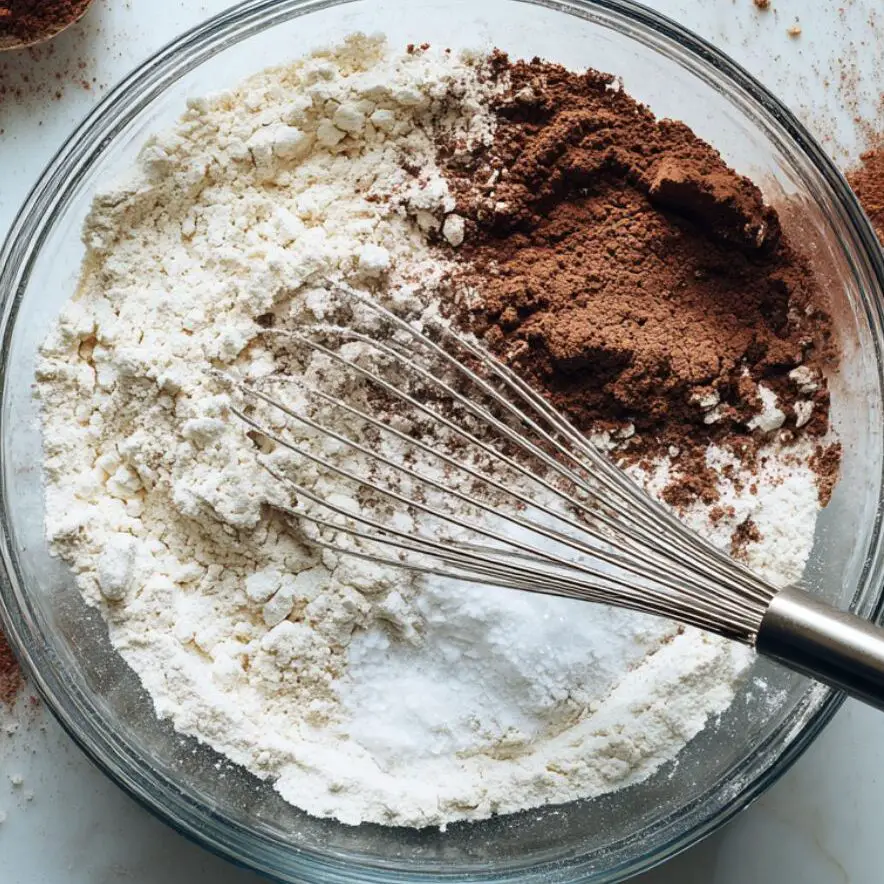 Dry ingredients mixed in a glass bowl on white counter