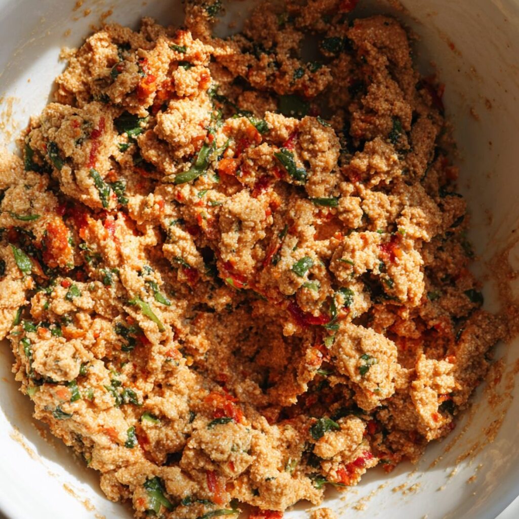 Ground chicken mixture with herbs and spices being mixed in a bowl