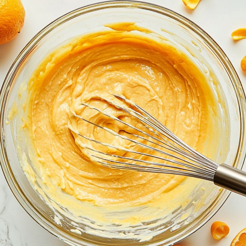 Orange cake batter being mixed in a large glass bowl on white counter