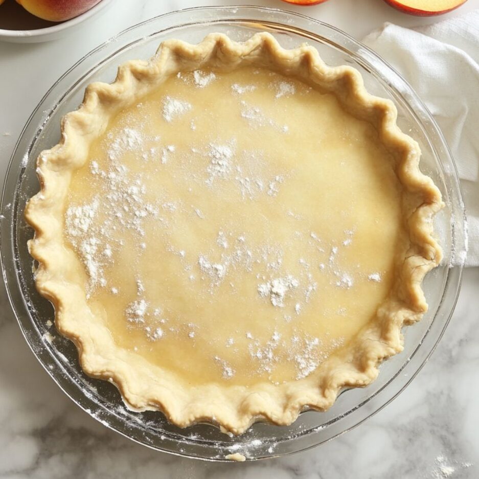 Rolled-out pie crust in a glass pie pan next to freshly sliced peaches on a marble counter.