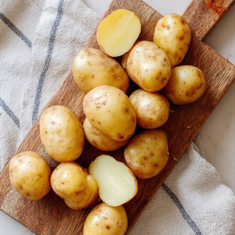Baby potatoes being cut in half on a wooden board for prepping
