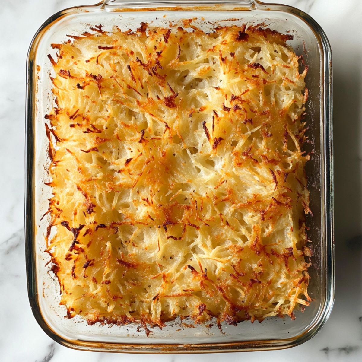 Pressed hashbrown layer pre-baked in a glass dish on white marble