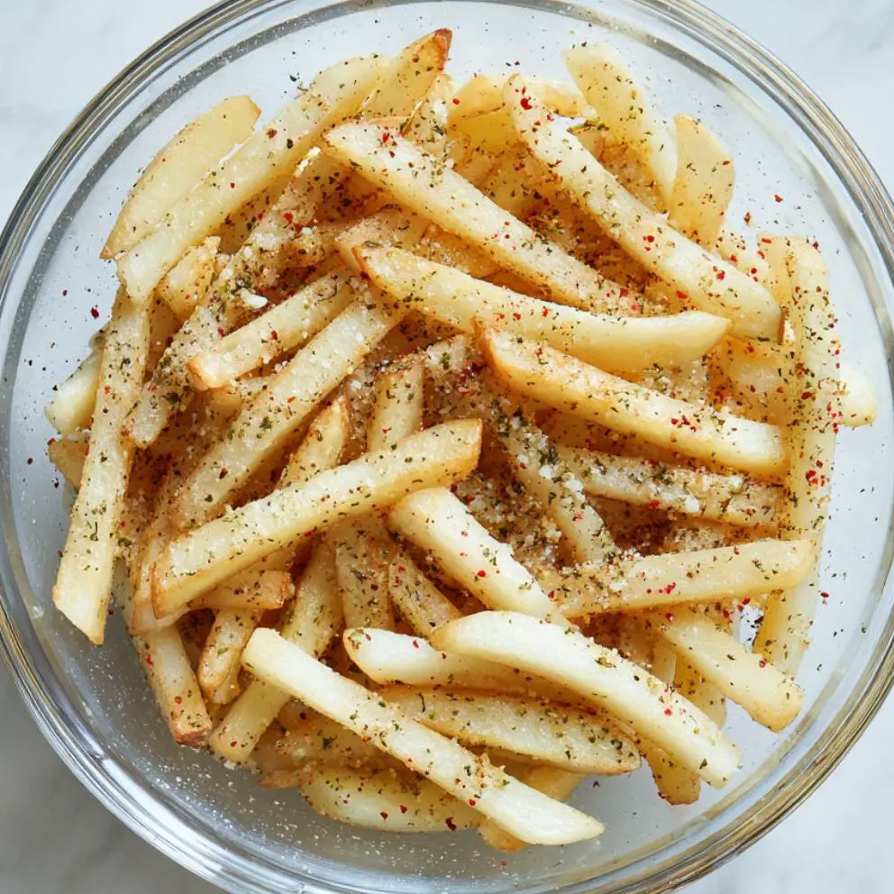 Sliced potatoes tossed with garlic, oil, and seasonings in a glass bowl on a white counter