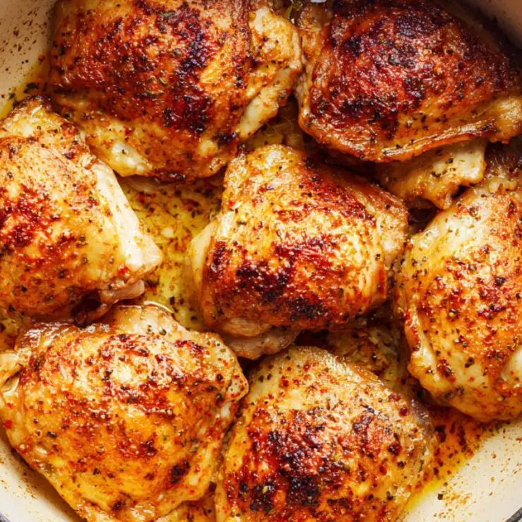 Chicken thighs seared golden brown in a white Dutch oven