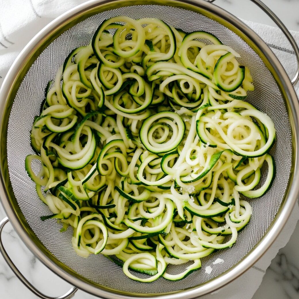 Salted spiralized zucchini noodles draining in a colander on paper towels