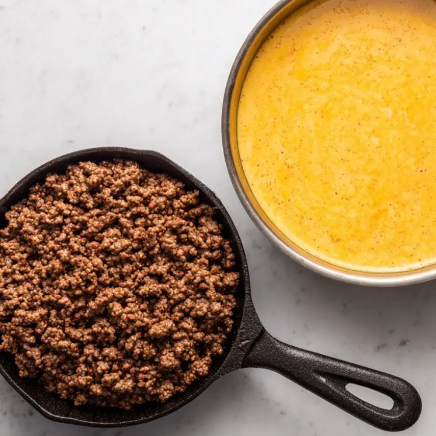 Taco-seasoned ground beef and smooth cheese sauce cooking side by side	