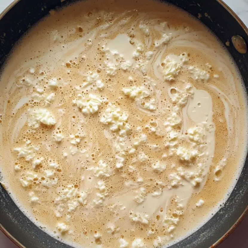 Garlic simmering in cream inside a skillet on white counter