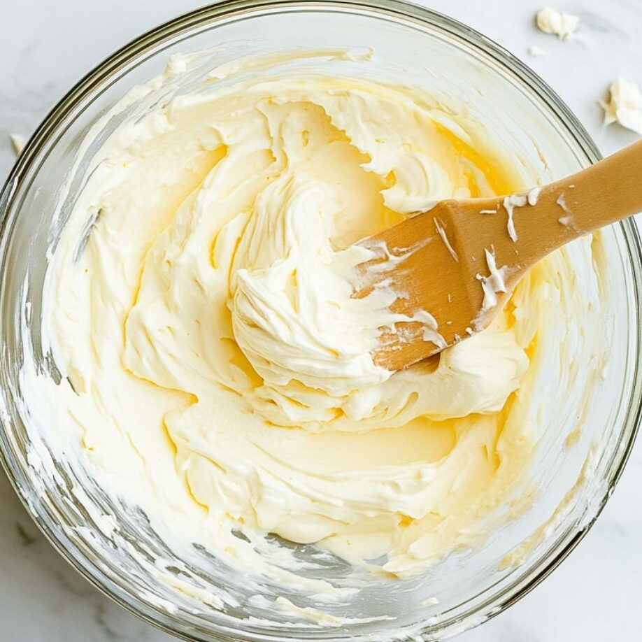 Folding pudding and cream cheese mixture with spatula