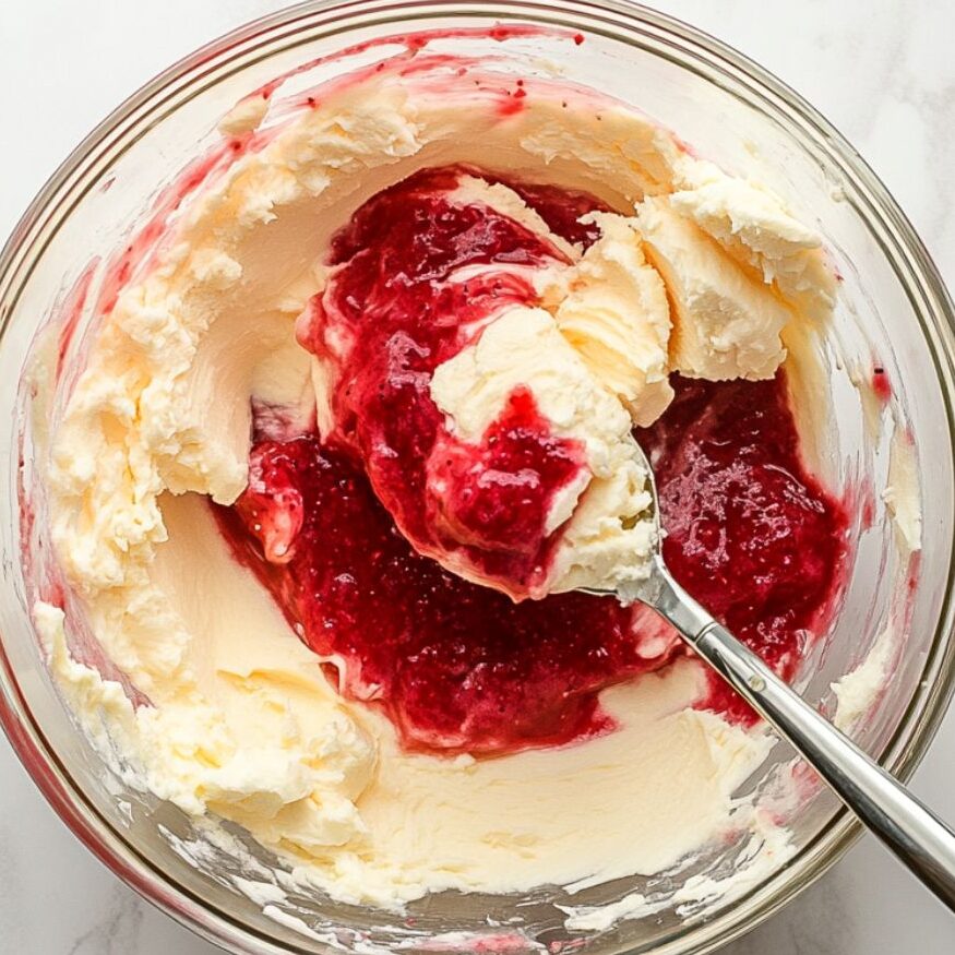 Mixing batter with strawberry puree in glass bowl