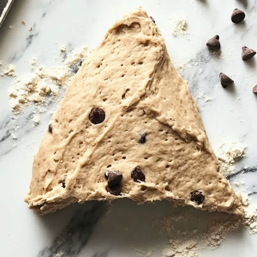 Forming chocolate scone dough into a triangle on the counter