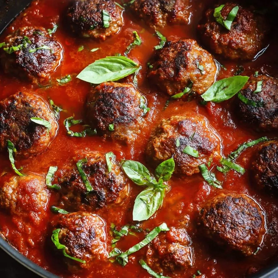 Meatballs simmering in marinara sauce on stovetop