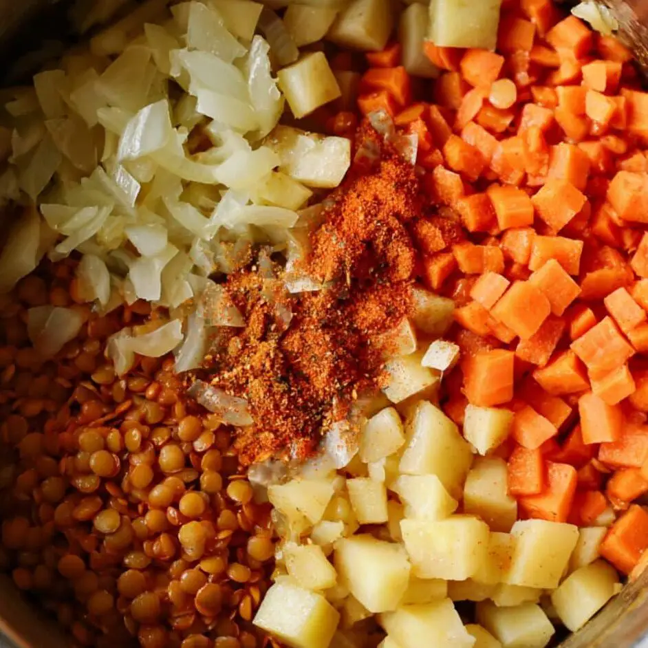 Lentils, potatoes, and carrots in spiced pot