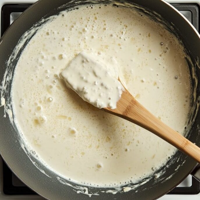 Creamy garlic alfredo sauce simmering in a skillet on a stovetop.