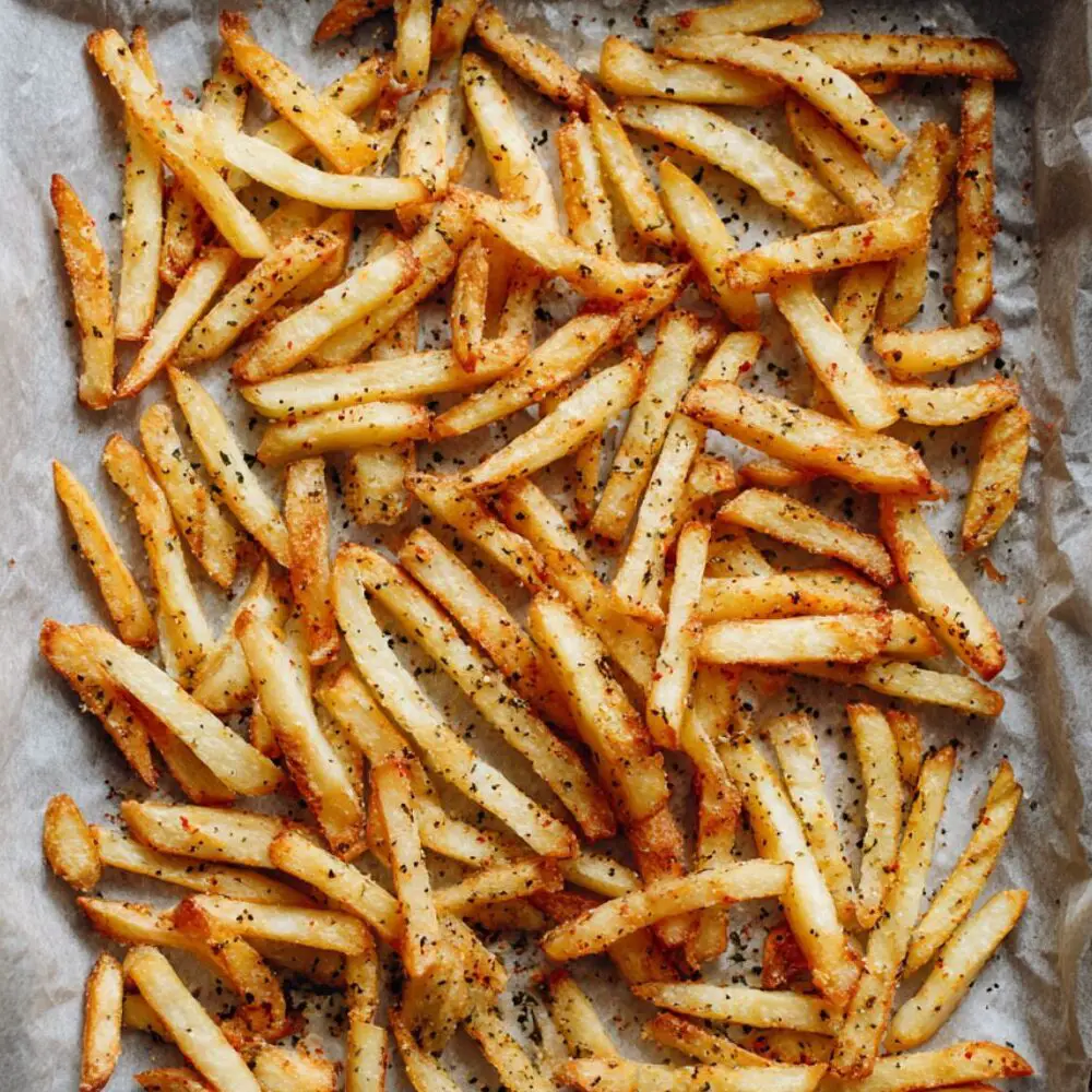 Fries baking on a parchment-lined tray inside an oven