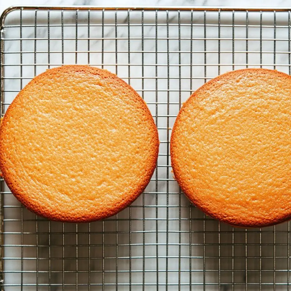 Two freshly baked orange cake layers cooling on wire racks