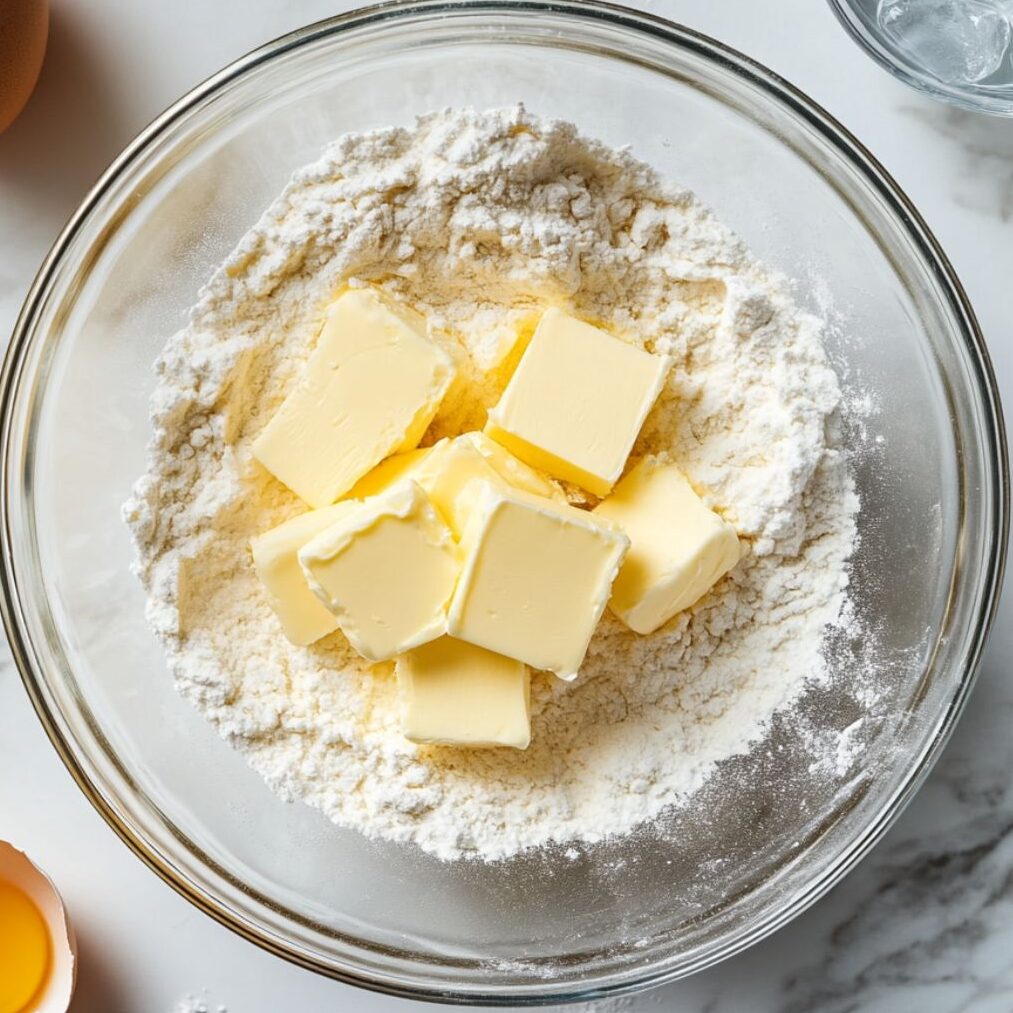 Tart crust being blind-baked with parchment and pie weights