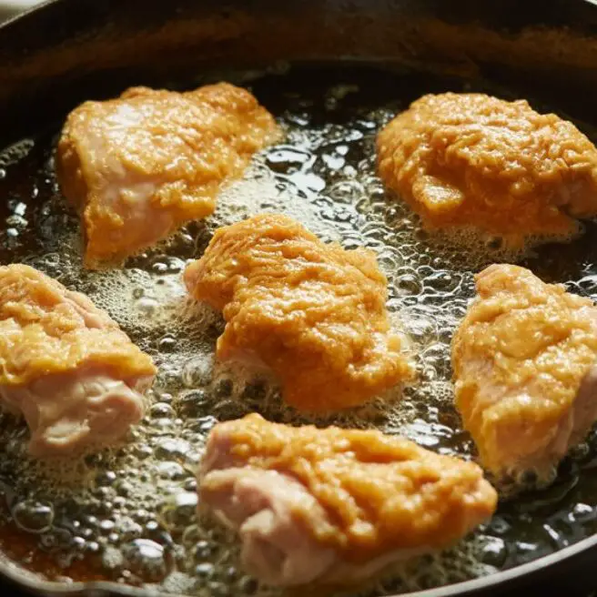 Crispy coated chicken pieces frying in a skillet on white marble with prep bowls nearby

