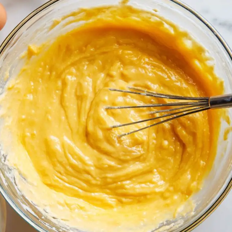 Whisking cobbler batter in glass bowl on marble counter