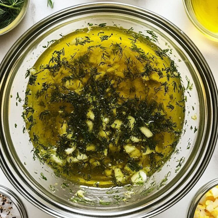  Lemon dill marinade ingredients arranged around a glass bowl on a marble counter.