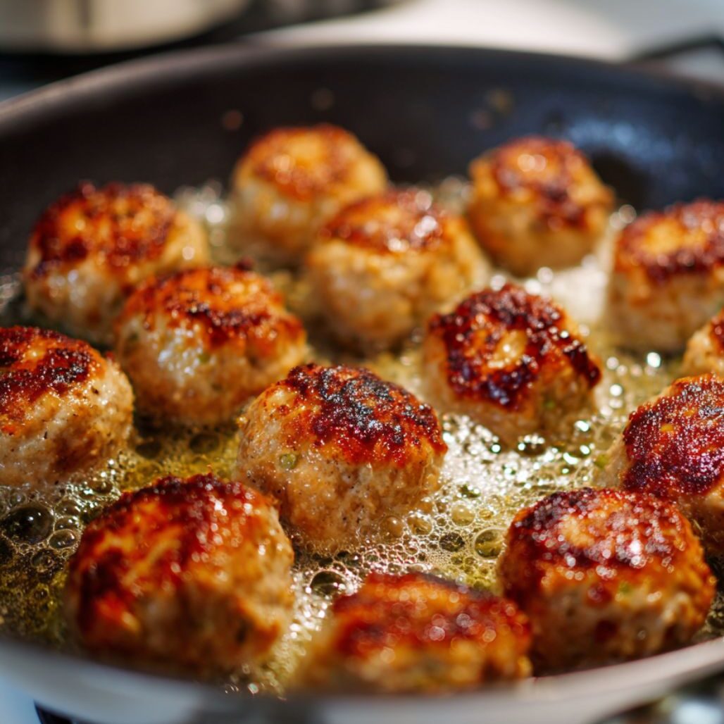 Golden Thai chicken meatballs cooking in a skillet on a white stove