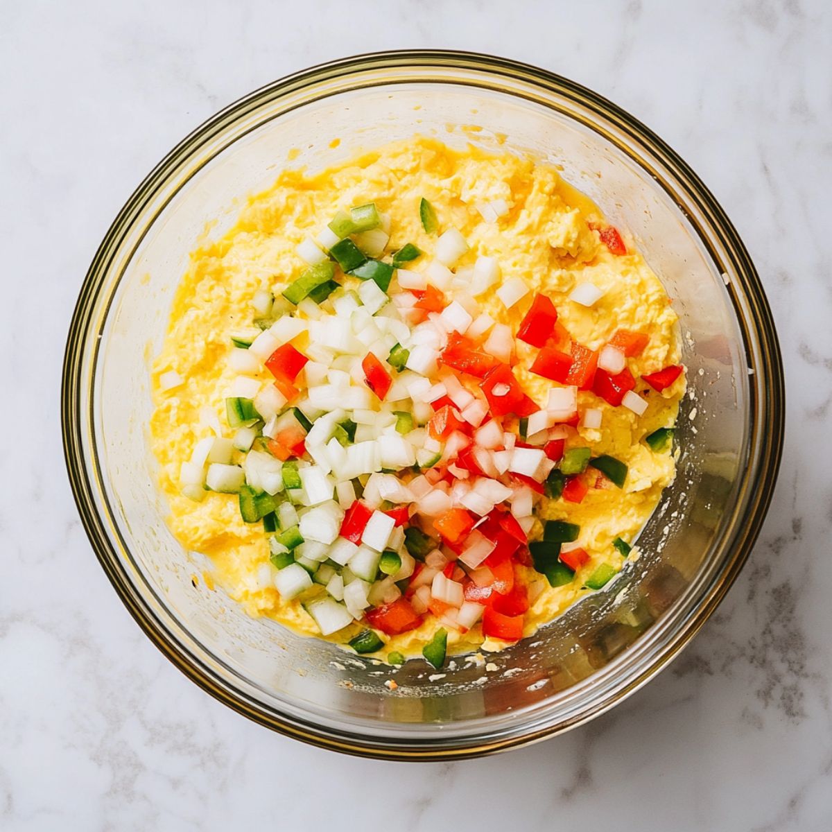 Whisked egg mixture with chopped onions and peppers in a glass bowl