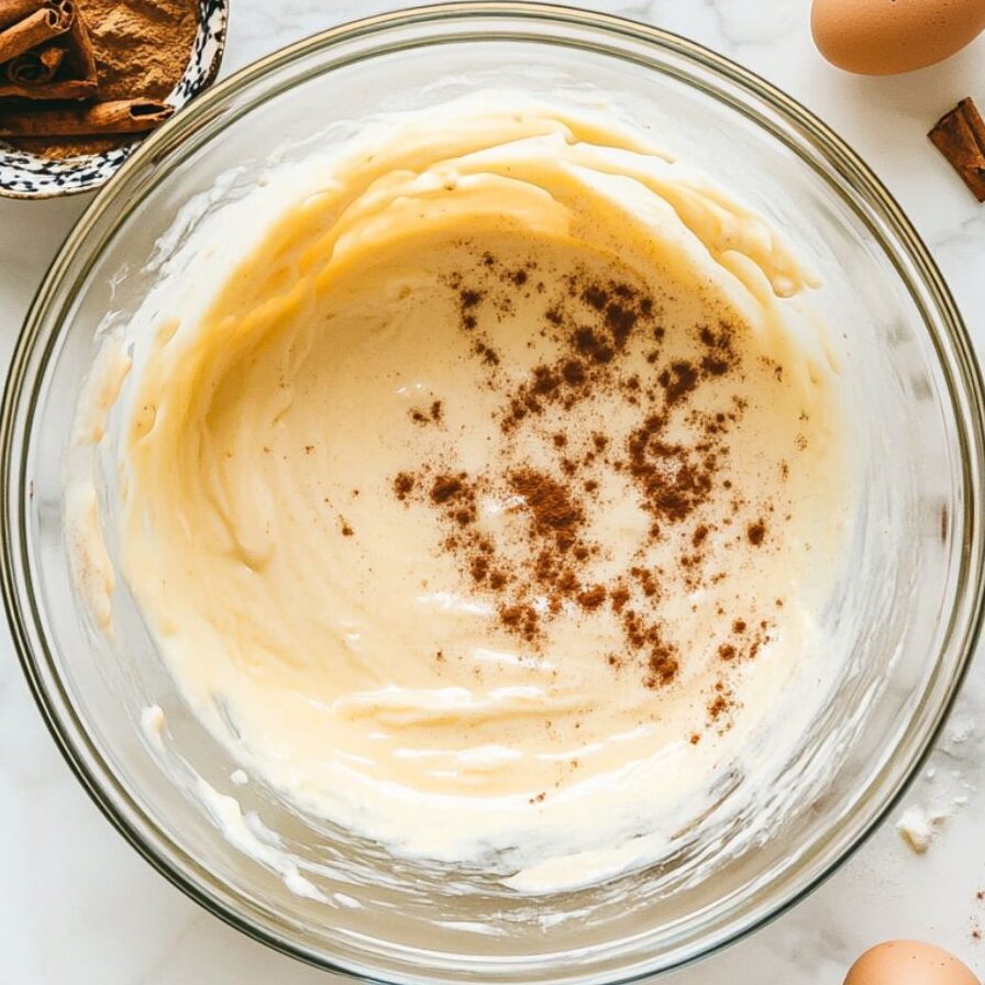 Glass mixing bowl with whisked eggs, sugar, milk, and cream forming custard on a white marble counter.