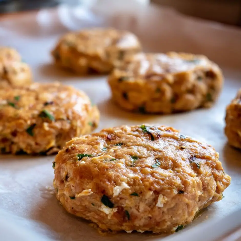 Shaping chicken feta mixture into patties by hand.