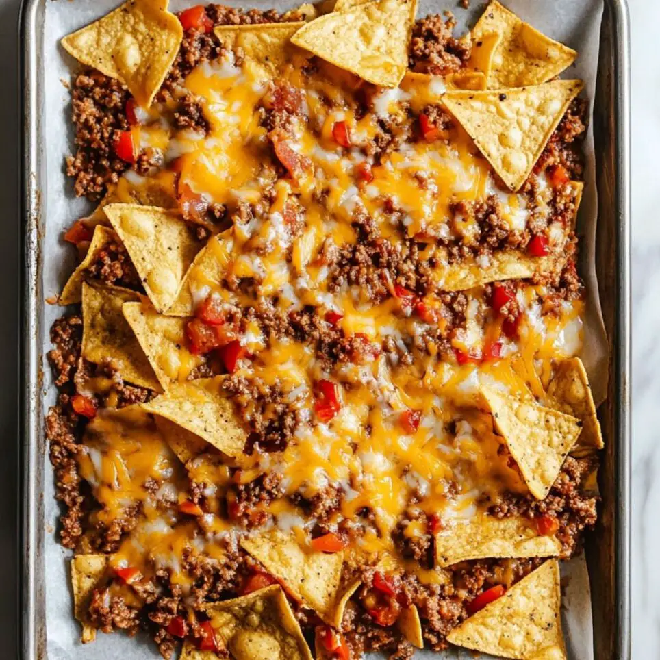 Tortilla chips layered with beans, beef, and cheese on a sheet pan
