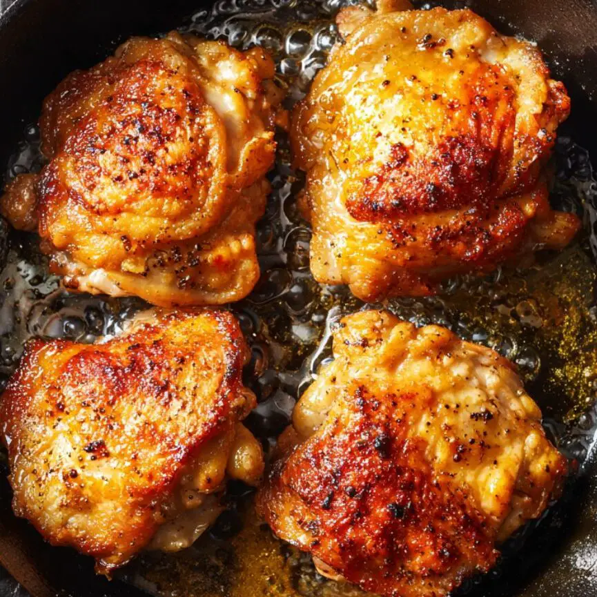 Chicken thighs searing skin-side down in a cast-iron skillet for crispy skin.	