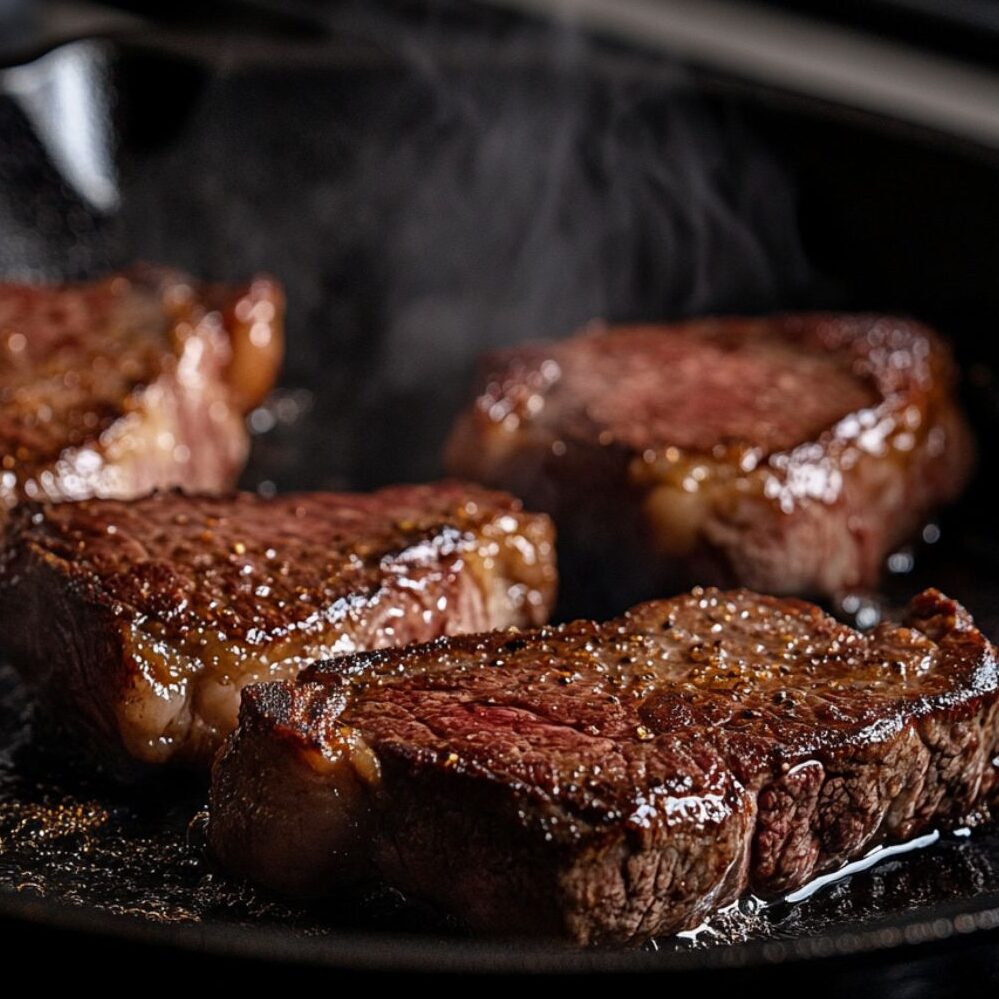 Ribeye steaks searing in a hot pan