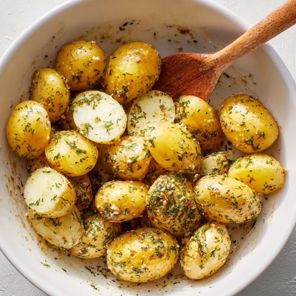 Potatoes being tossed with ranch seasoning and olive oil in a large bowl