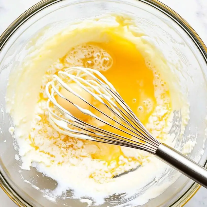 Butter, egg, buttermilk, and vanilla being combined in a bowl on a white marble surface