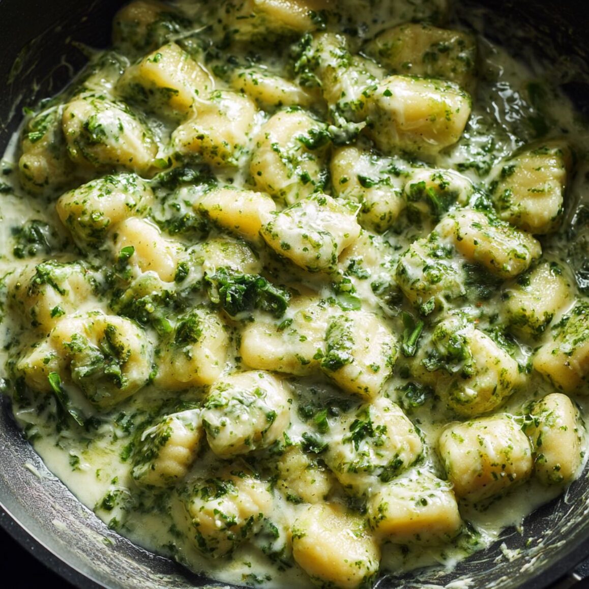 Gnocchi and vivid green pesto being stirred into cream sauce