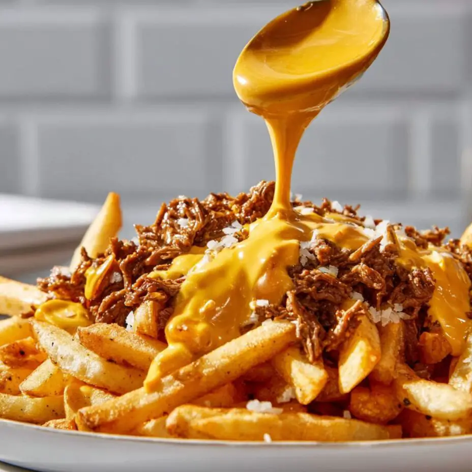 Hot fries being topped with cheese sauce and beef	