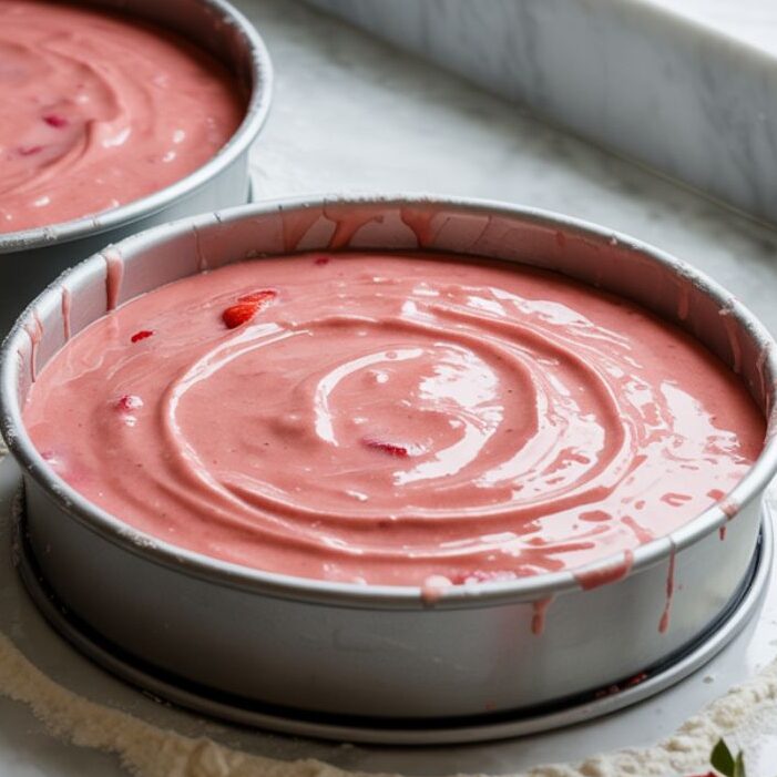 Strawberry cake batter in round pans before baking
