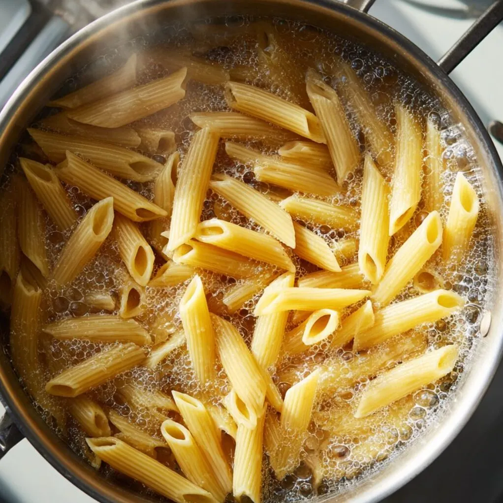 Penne pasta boiling in a pot of salted water