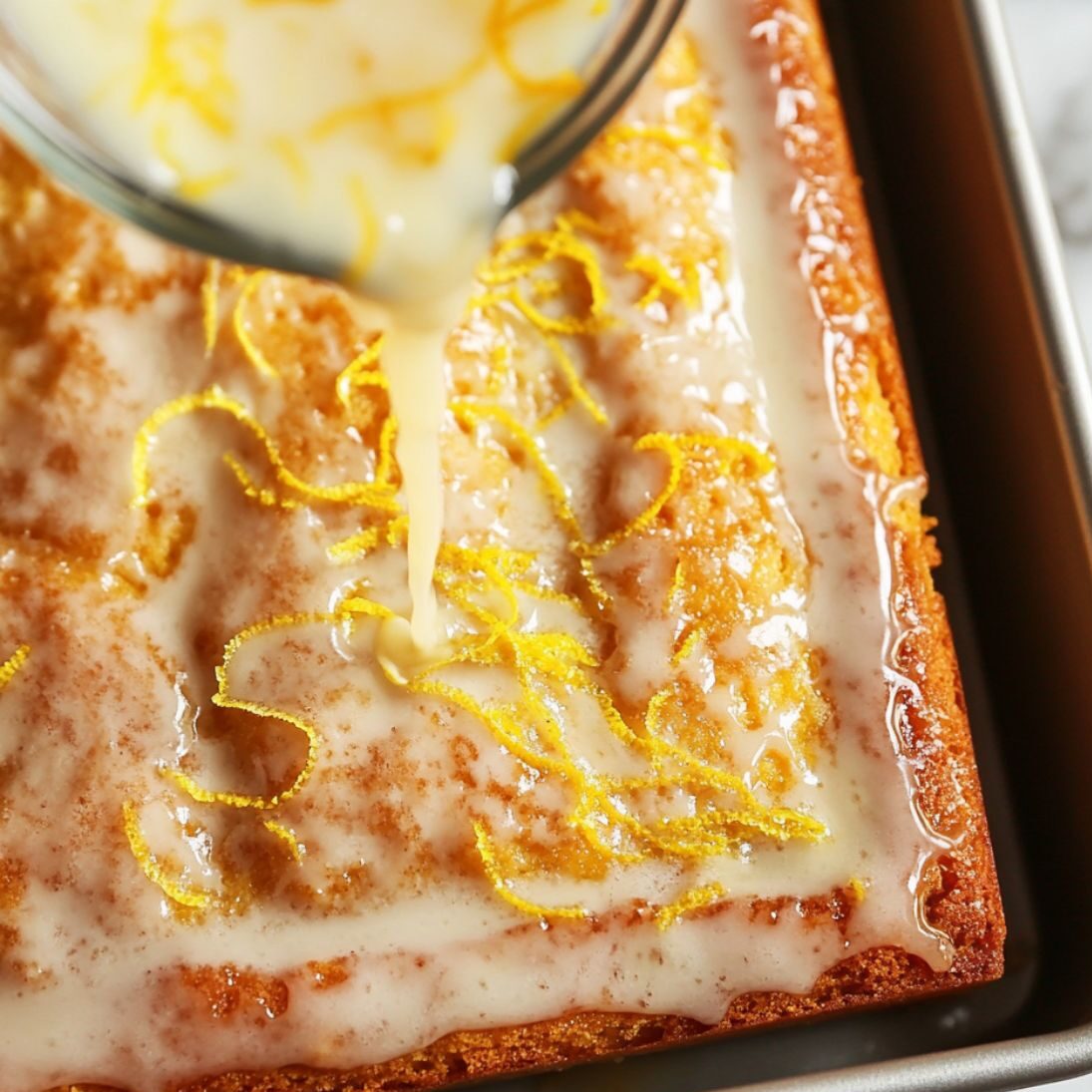 Citrus glaze being poured over the baked cake with zest on top