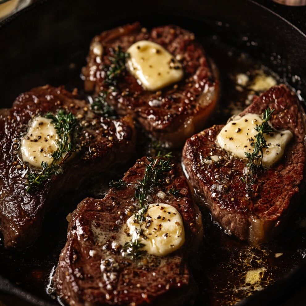 Garlic butter melting next to seared steak in pan
