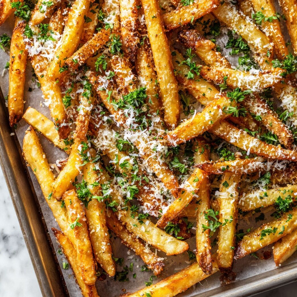 Hot fries topped with freshly grated Parmesan and parsley on a tray