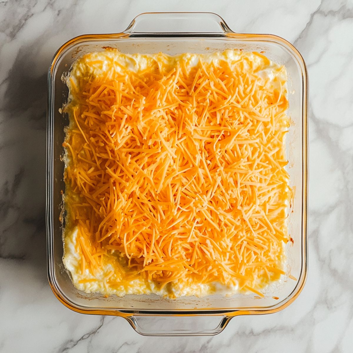 Egg and cheese casserole assembled in a glass dish before baking